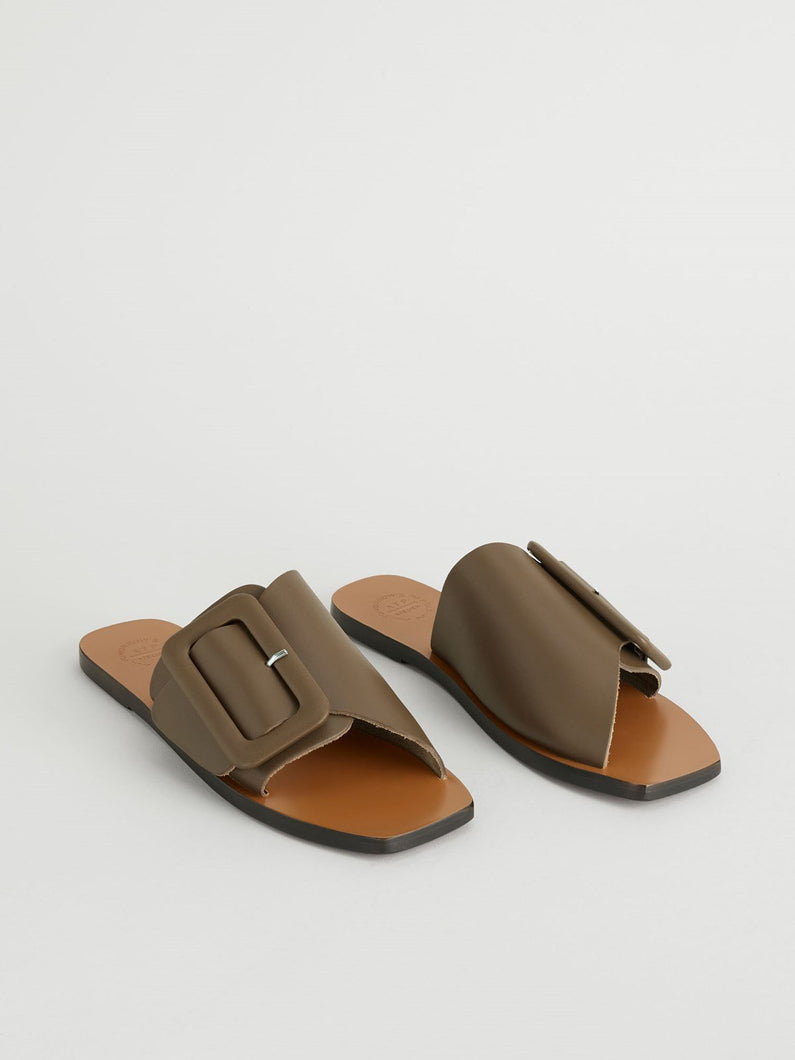 Ceci Leather Flat Sandals Khaki Brown-Shoes-ATP atelier-AKAT studio